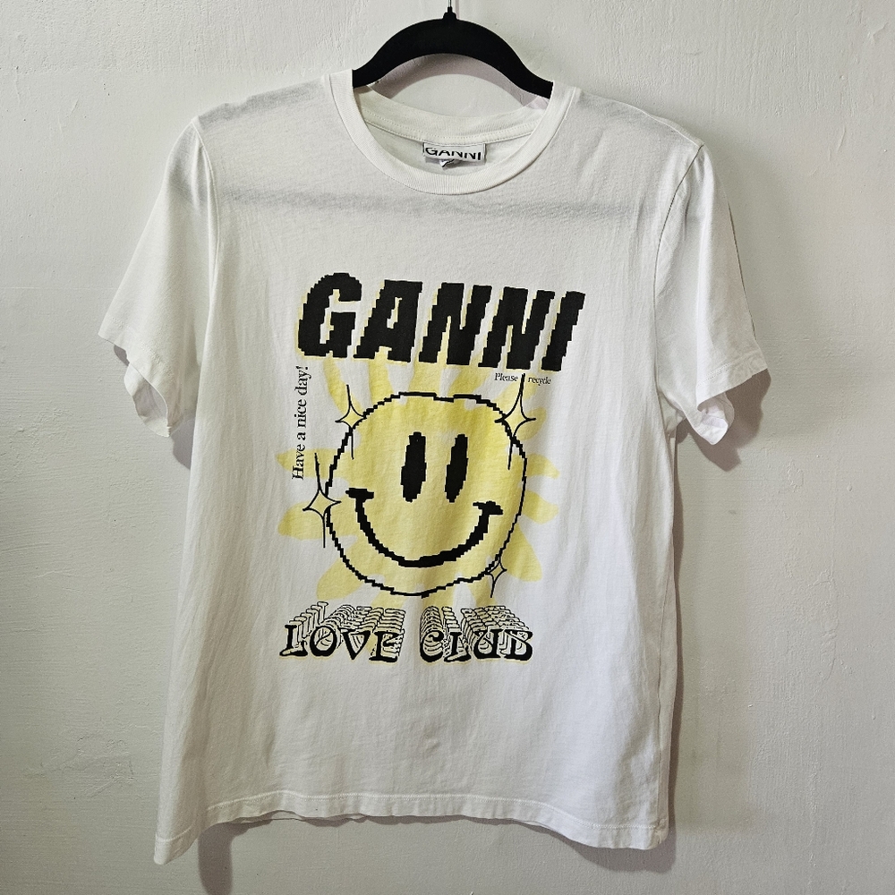 GANNI Love Club Smiley Face Graphic Tee Organic Cotton White S - Picture 2 of 15